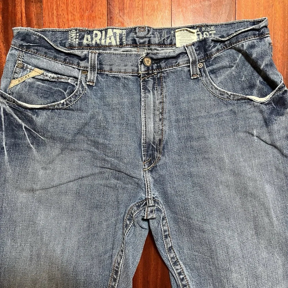Ariat FR M4 Low Rise Boot Cut Jeans Mens 38x30 Blue Light Wash Workwear Cowboy